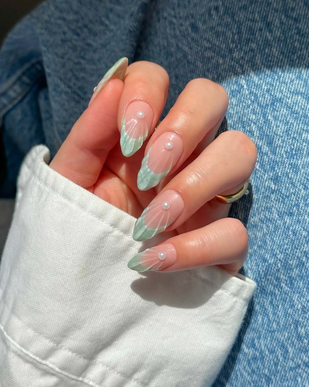 Medium-Long Almond Sheer Pink Mint Shell Art Pearl Acrylic Nails — Cute Acrylic Nails