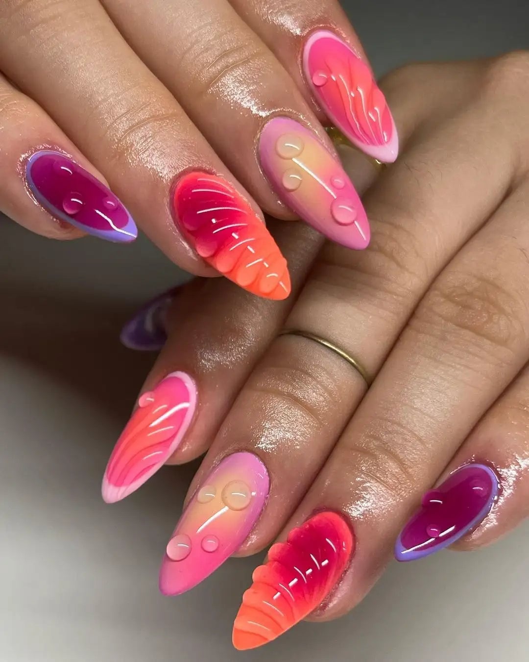 Long Almond Pink Orange Yellow Gradient 3D Water Drop Acrylic Nails — Cute Acrylic Nails