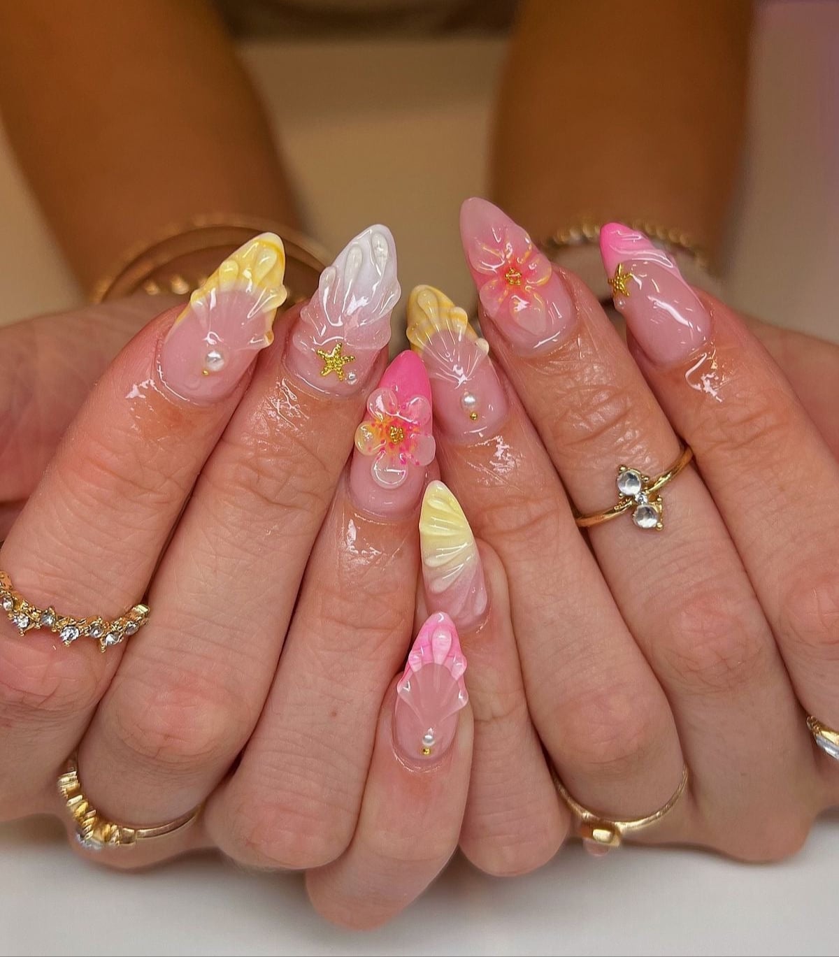 Long Stiletto Pink Yellow White Gradient 3D Flower Pearl Acrylic Nails — Cute Acrylic Nails