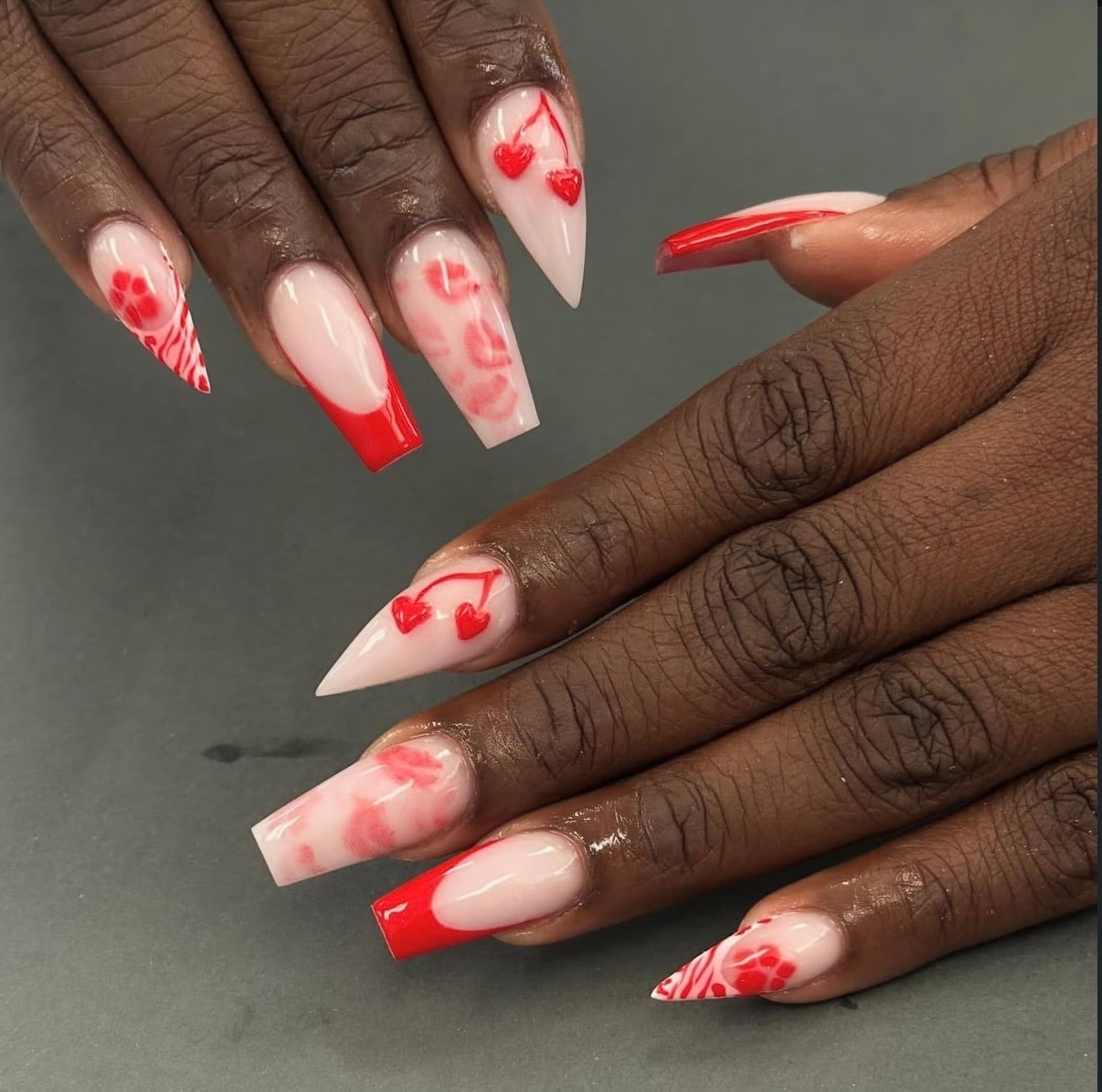 Long Coffin Red French Heart Abstract Acrylic Nails — Cute Acrylic Nails