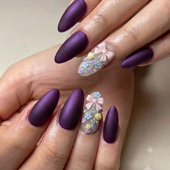 Almond Deep Matte Purple Glossy 3D Bow Flower Acrylic Nails — Cute Acrylic Nails