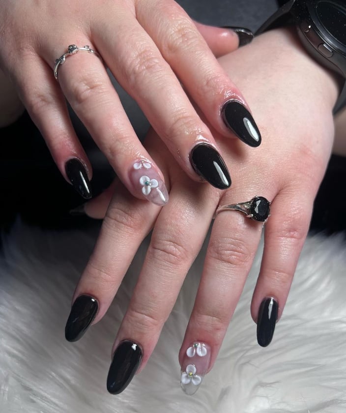 Almond Glossy Black 3D White Flower Acrylic Nails — Cute Acrylic Nails