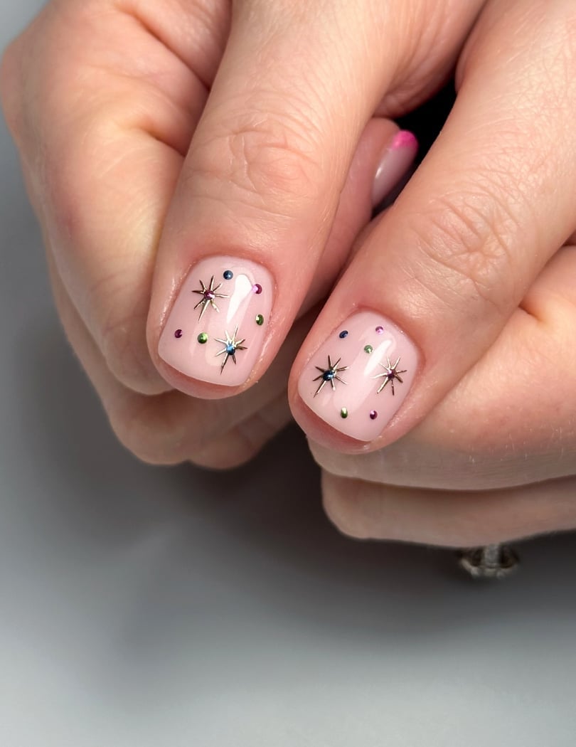 Short Square Sheer Pink Star Charm Dot Acrylic Nails — Cute Acrylic Nails