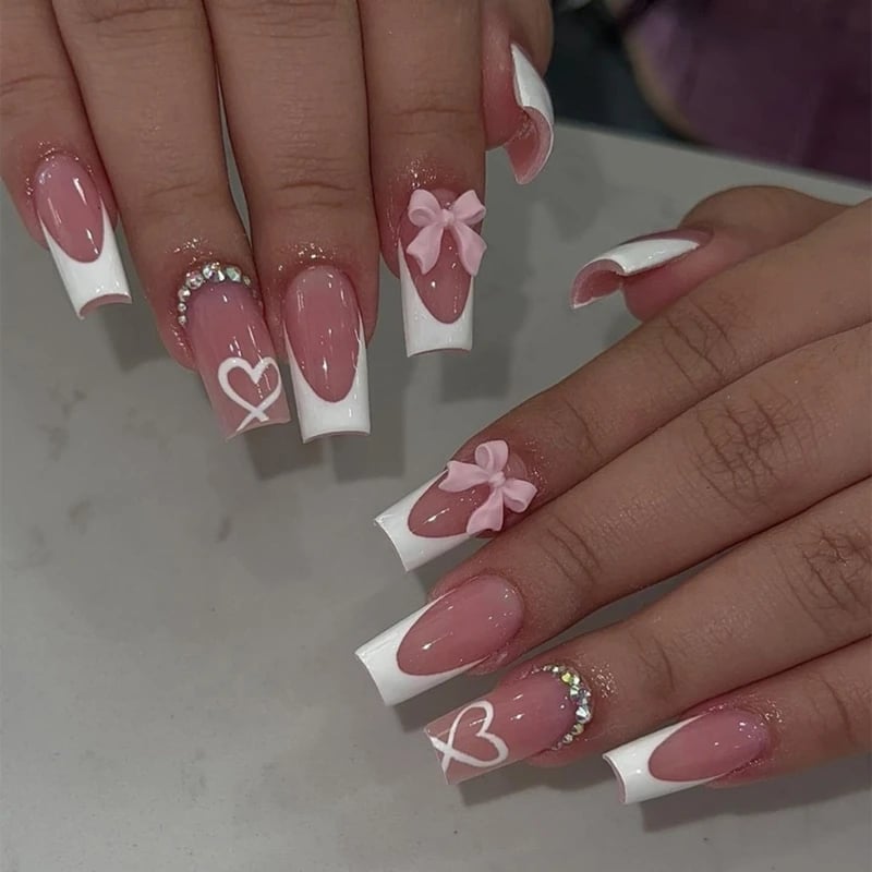 Medium Square Pink French 3D Bow Rhinestone Acrylic Nails — Cute Acrylic Nails
