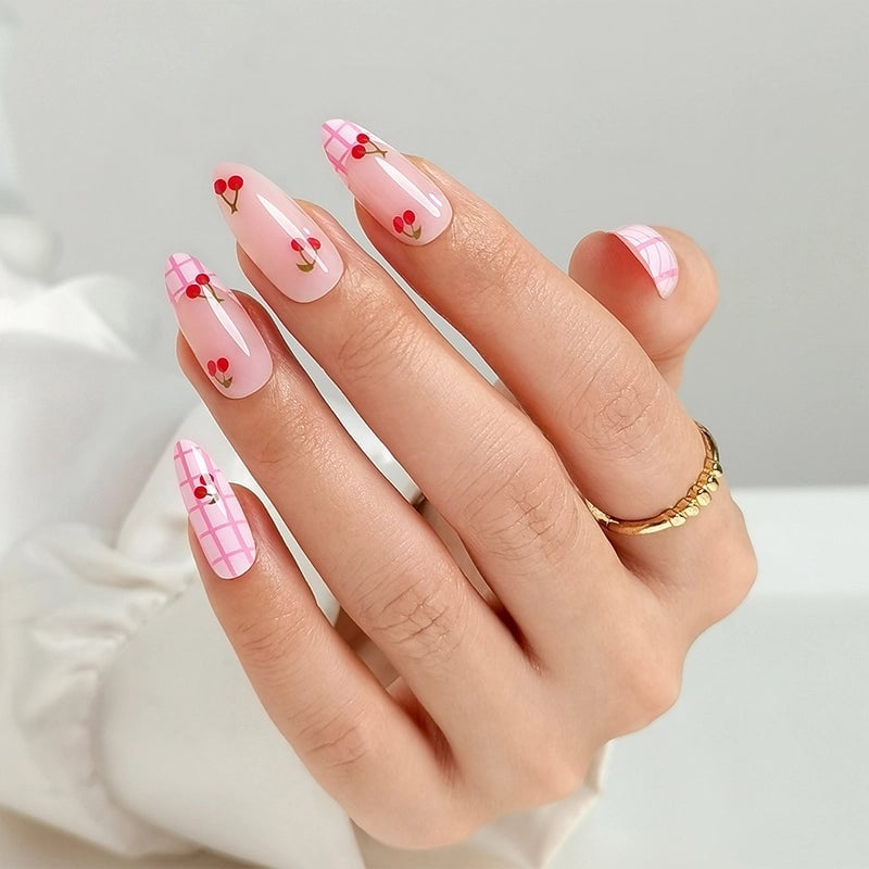 Long Almond Pink Plaid Cherry Acrylic Nails — Cute Acrylic Nails