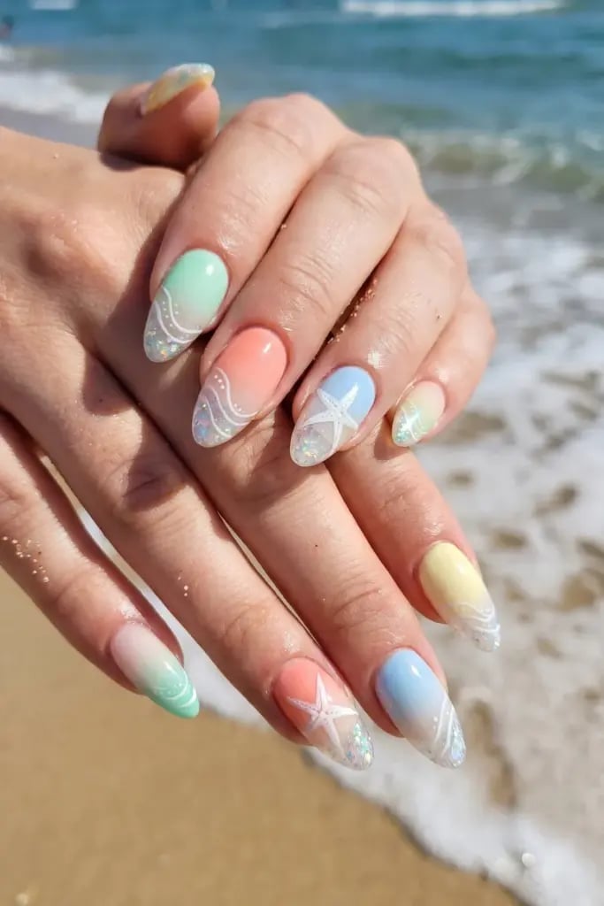 Medium Almond Pastel Ombre Starfish Acrylic Nails — Cute Acrylic Nails