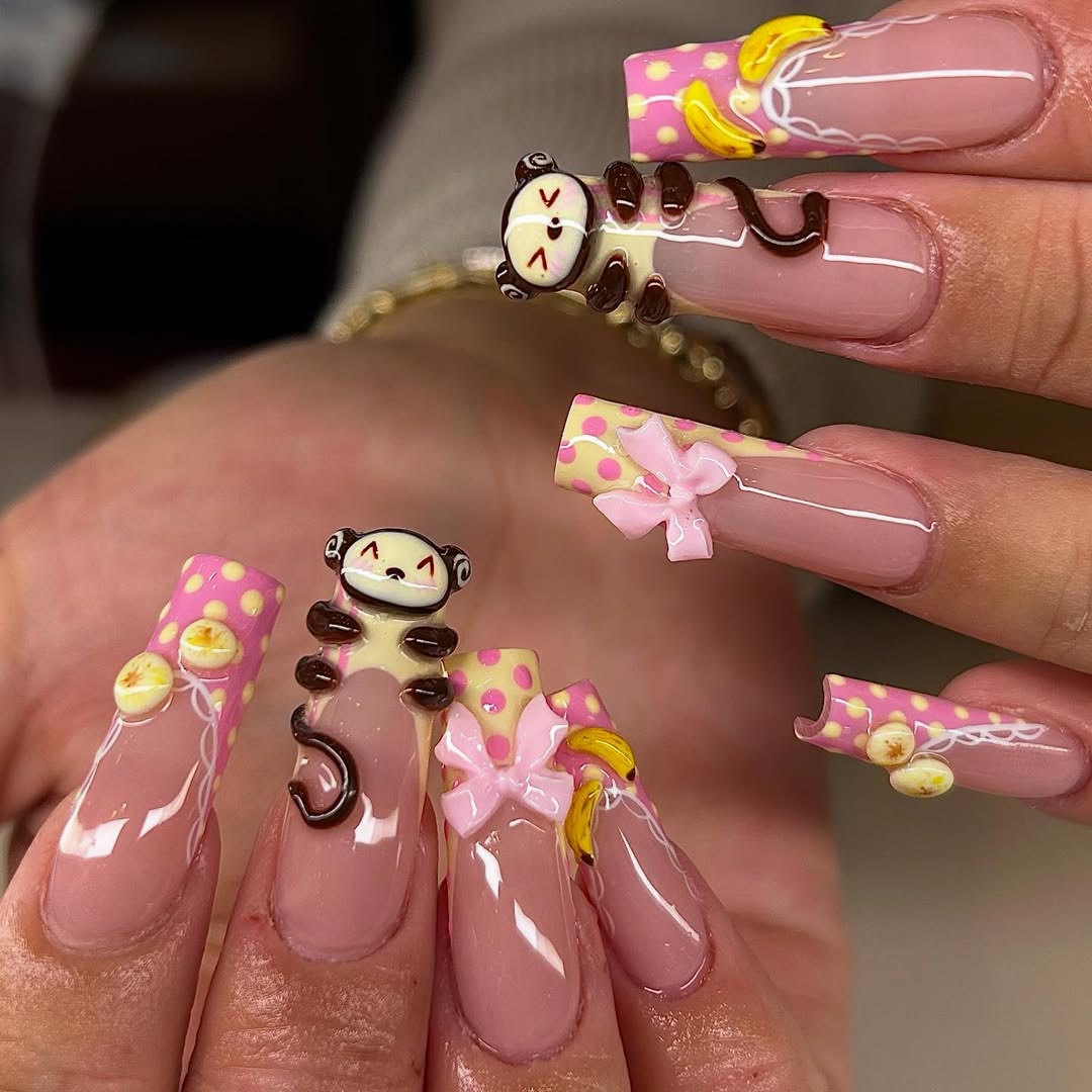Long Square Pink Yellow 3D Monkey Charm Acrylic Nails — Cute Acrylic Nails