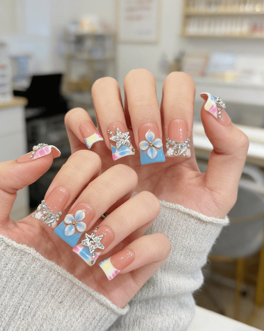 Medium Almond Sheer Pink Rhinestone Star Acrylic Nails — Cute Acrylic Nails