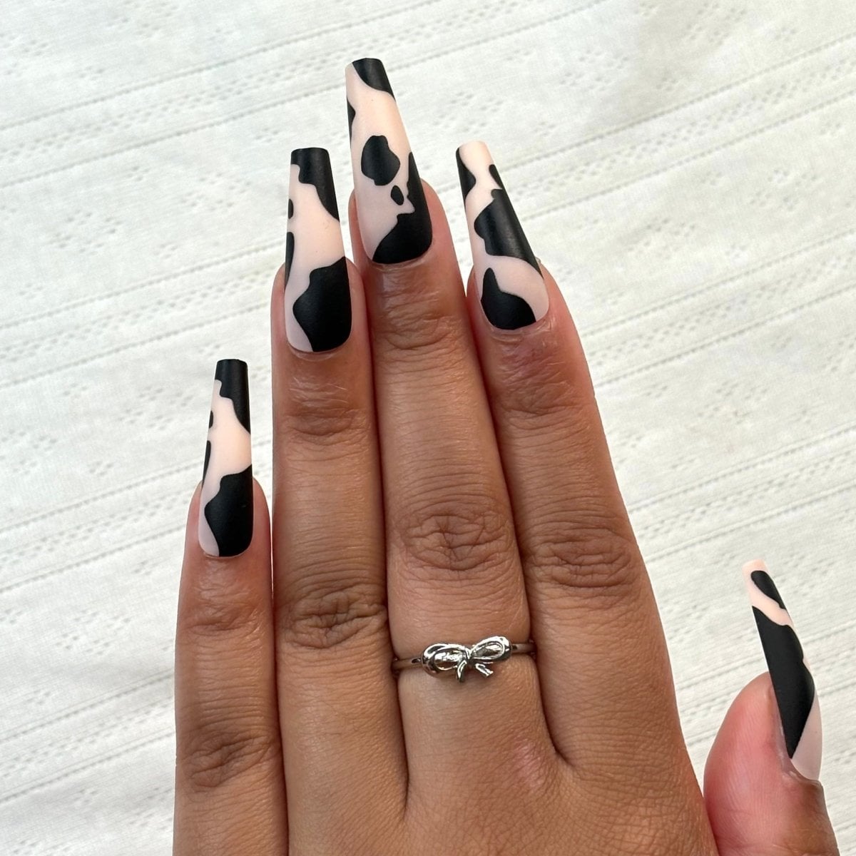 Long Coffin Matte Black Beige Cow Print Acrylic Nails — Cute Acrylic Nails