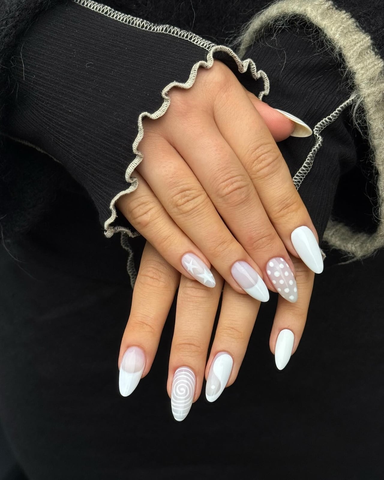 Medium Almond Sheer Pink White French Swirl Dot Star Acrylic Nails — Cute Acrylic Nails