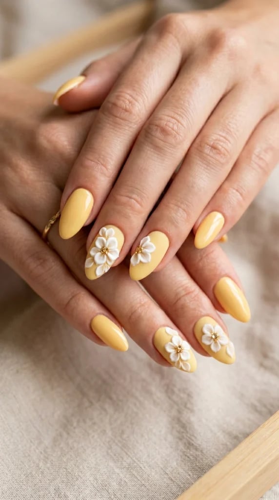 Matte Yellow Almond Nails With 3D Flowers — Cute Almond Nails