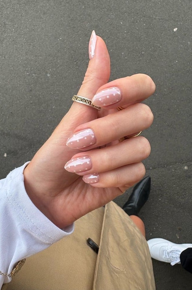 Medium Almond Nude Nails With White Polka Dots — Cute Almond Nails