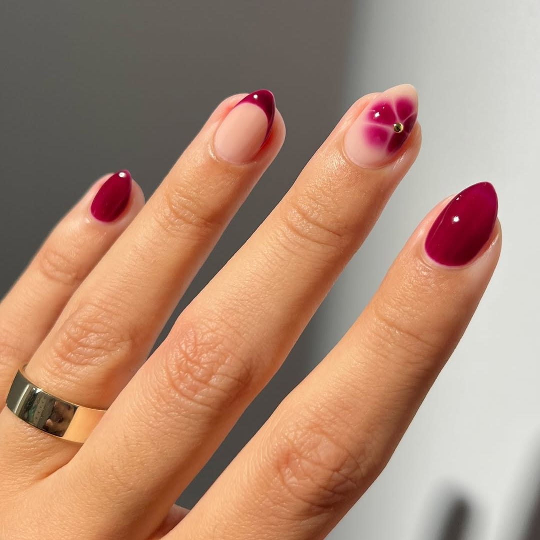 Medium Almond Nails With Burgundy French and Floral Accent — Cute Almond Nails
