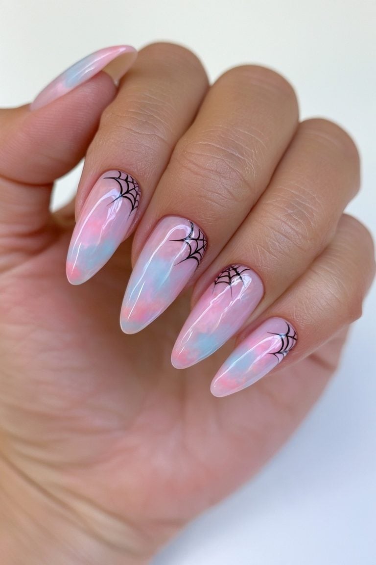 Long Almond Nails With Watercolor And Spiderweb Art — Cute Almond Nails