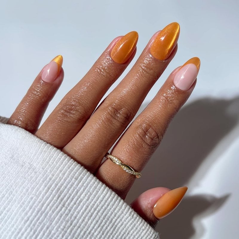 Medium Almond Orange Cat-Eye Nails — Cute Almond Nails