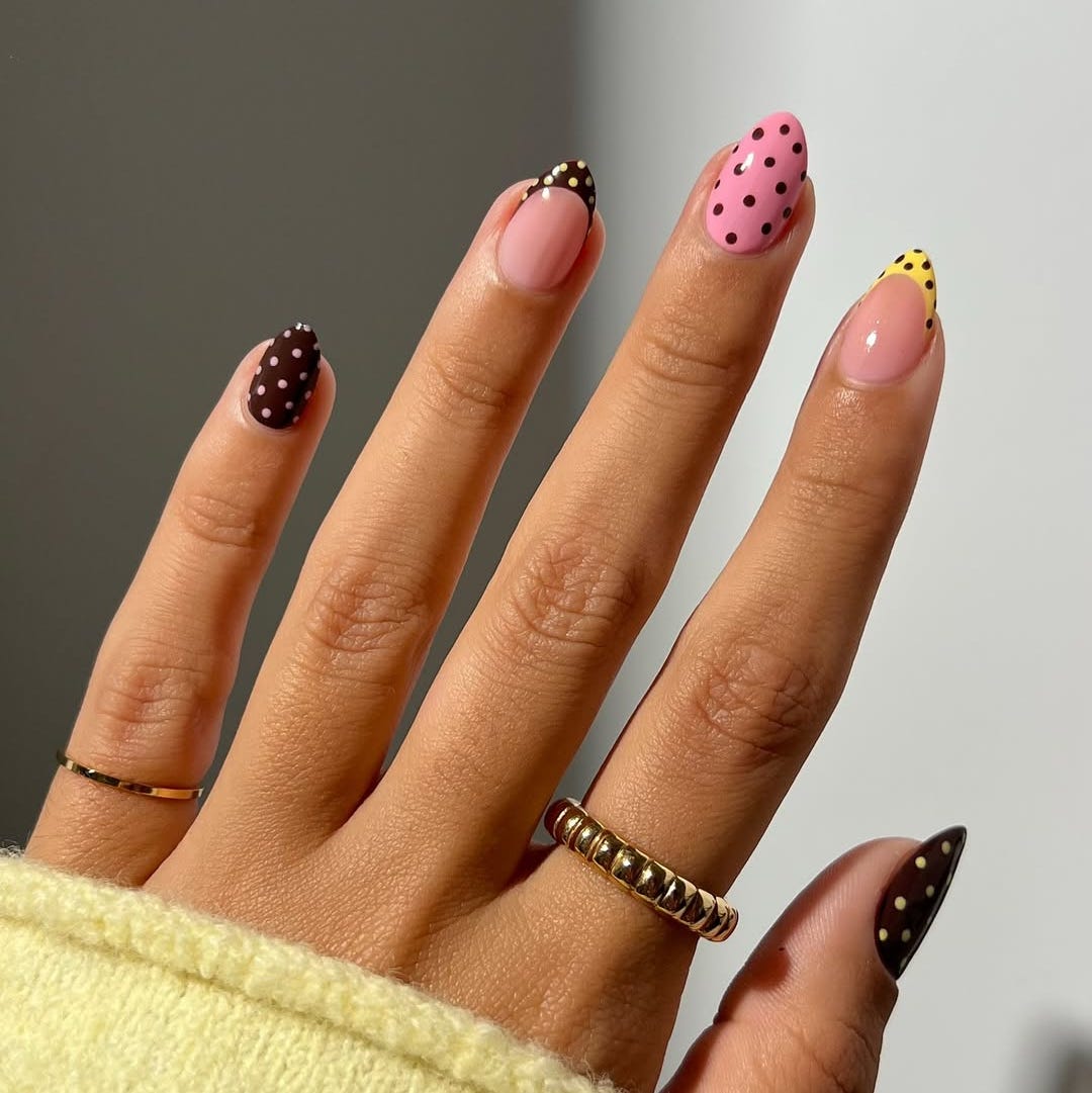 Short Almond Nails With Multi-Color Polka Dots — Cute Almond Nails