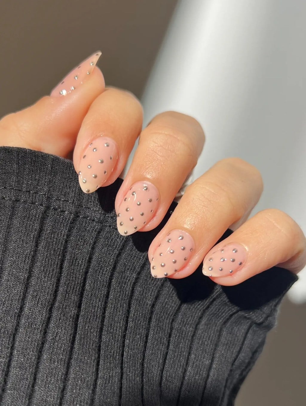 Short Almond Nails With Tiny Silver Dots — Cute Almond Nails
