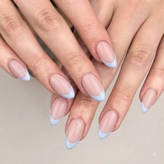 Medium Almond Nails With Light Blue French Tips — Cute Almond Nails