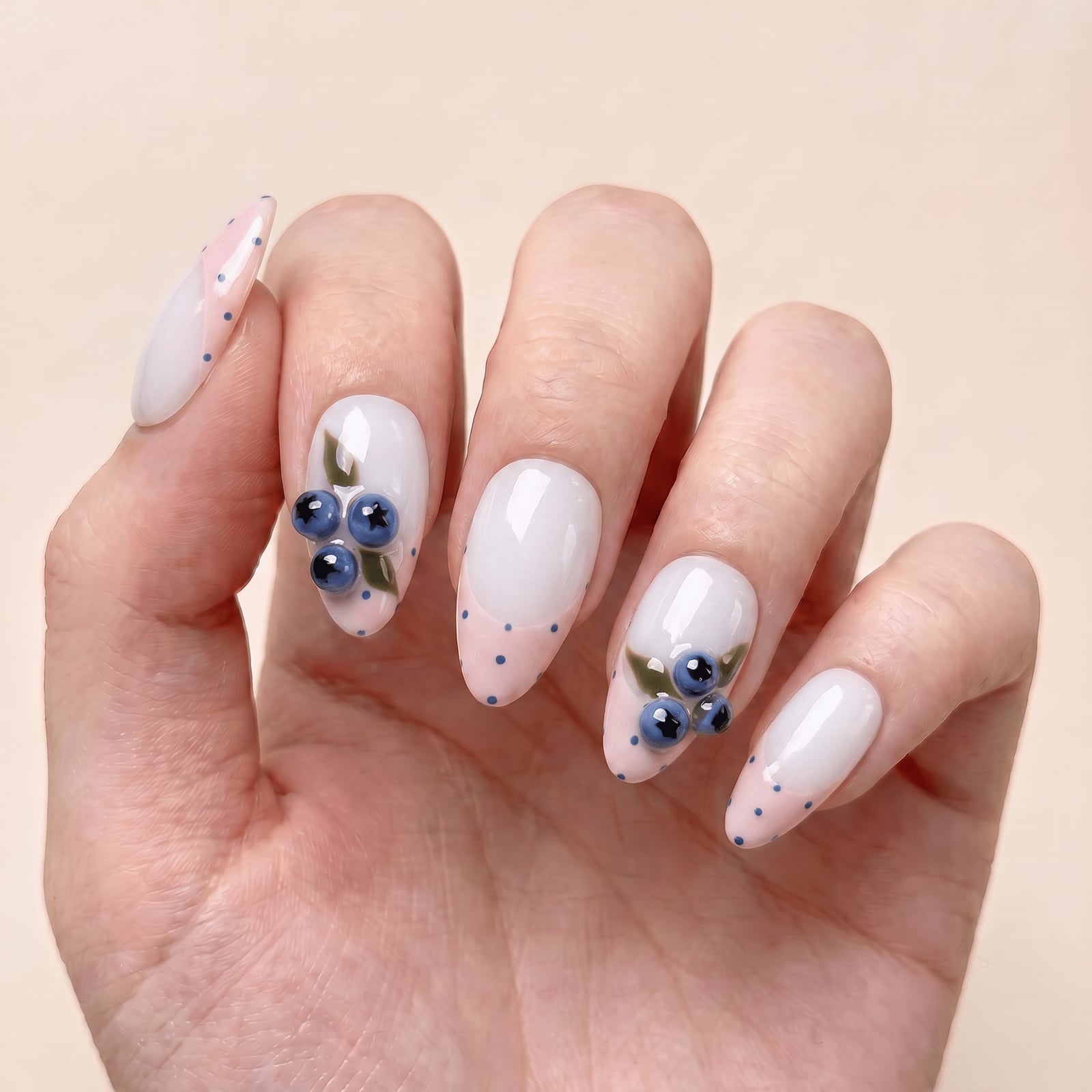 Long Almond Nails With Berry and Leaf Accents — Cute Almond Nails