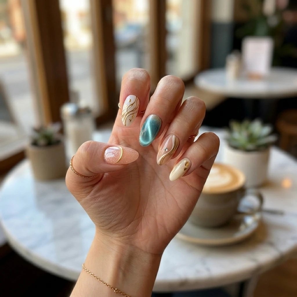 Medium Almond Nails With Gold Foil and Teal Cat-Eye — Cute Almond Nails