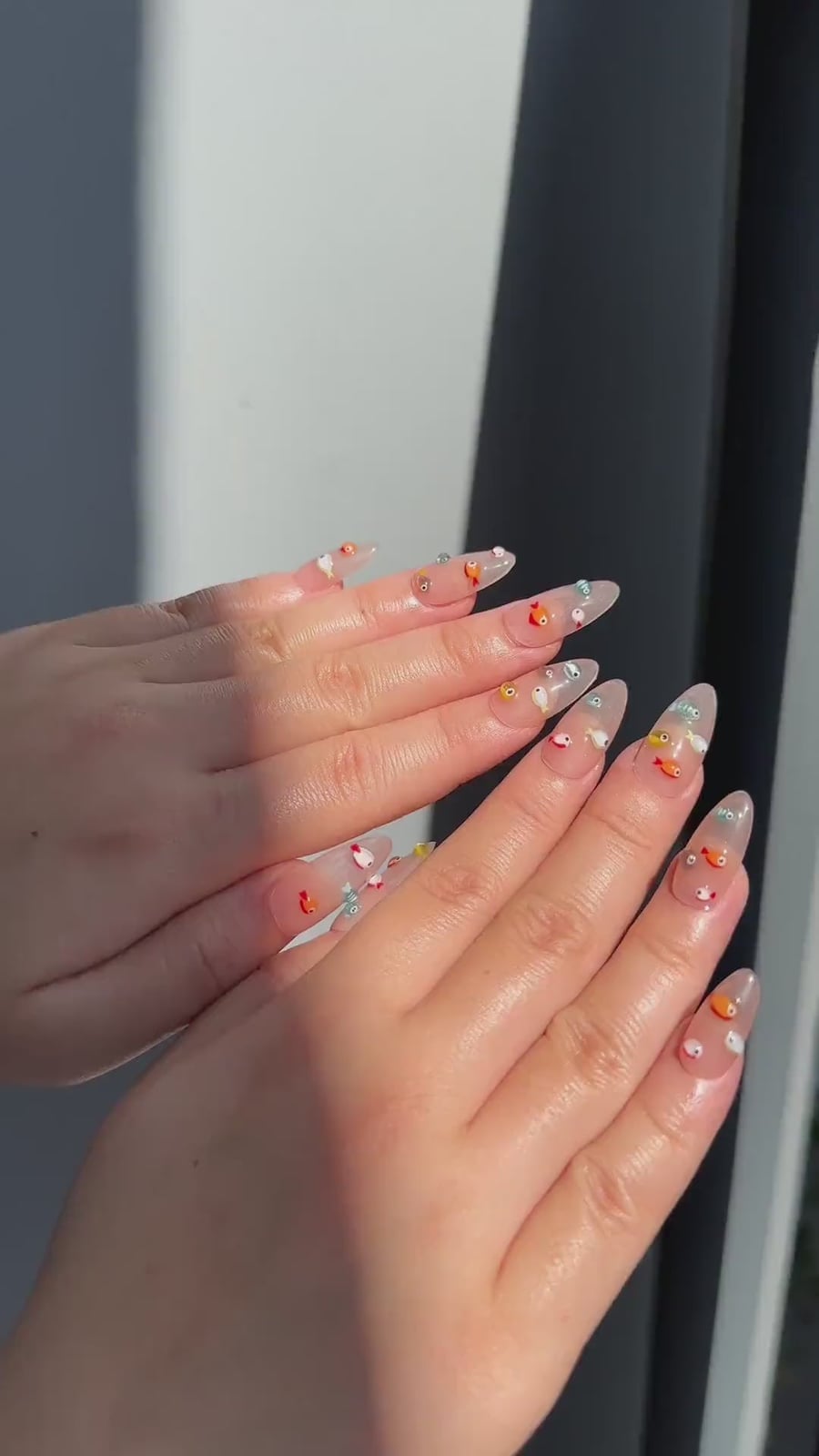 Long Almond Nails With Colorful Fish Charms — Cute Almond Nails