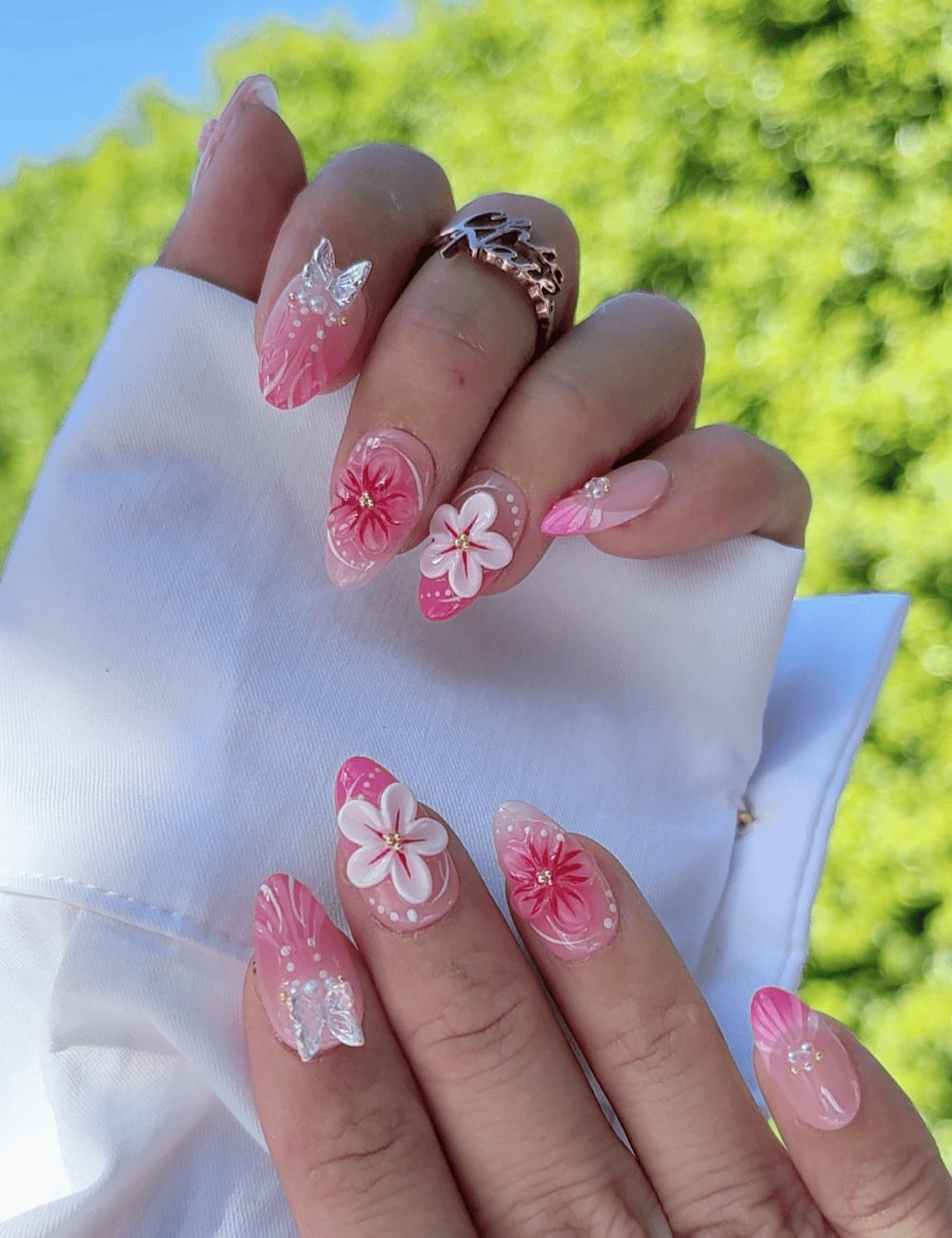 Short Almond Nails With 3D Florals and Butterflies — Cute Almond Nails