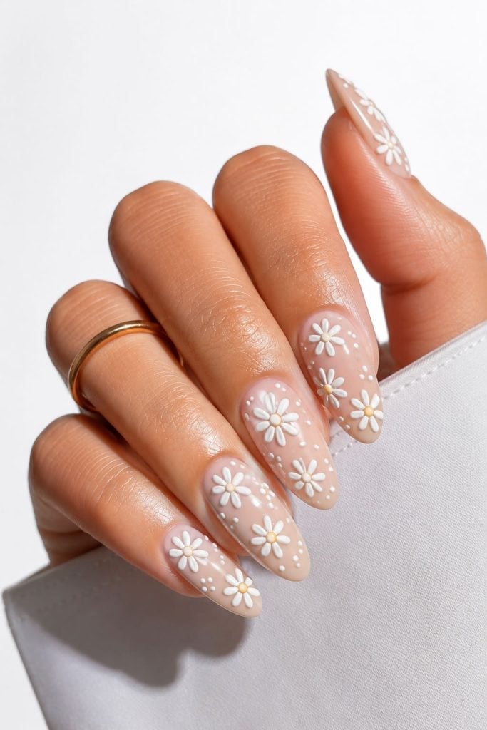 Long Almond Nails With Delicate 3D White Flowers — Cute Almond Nails