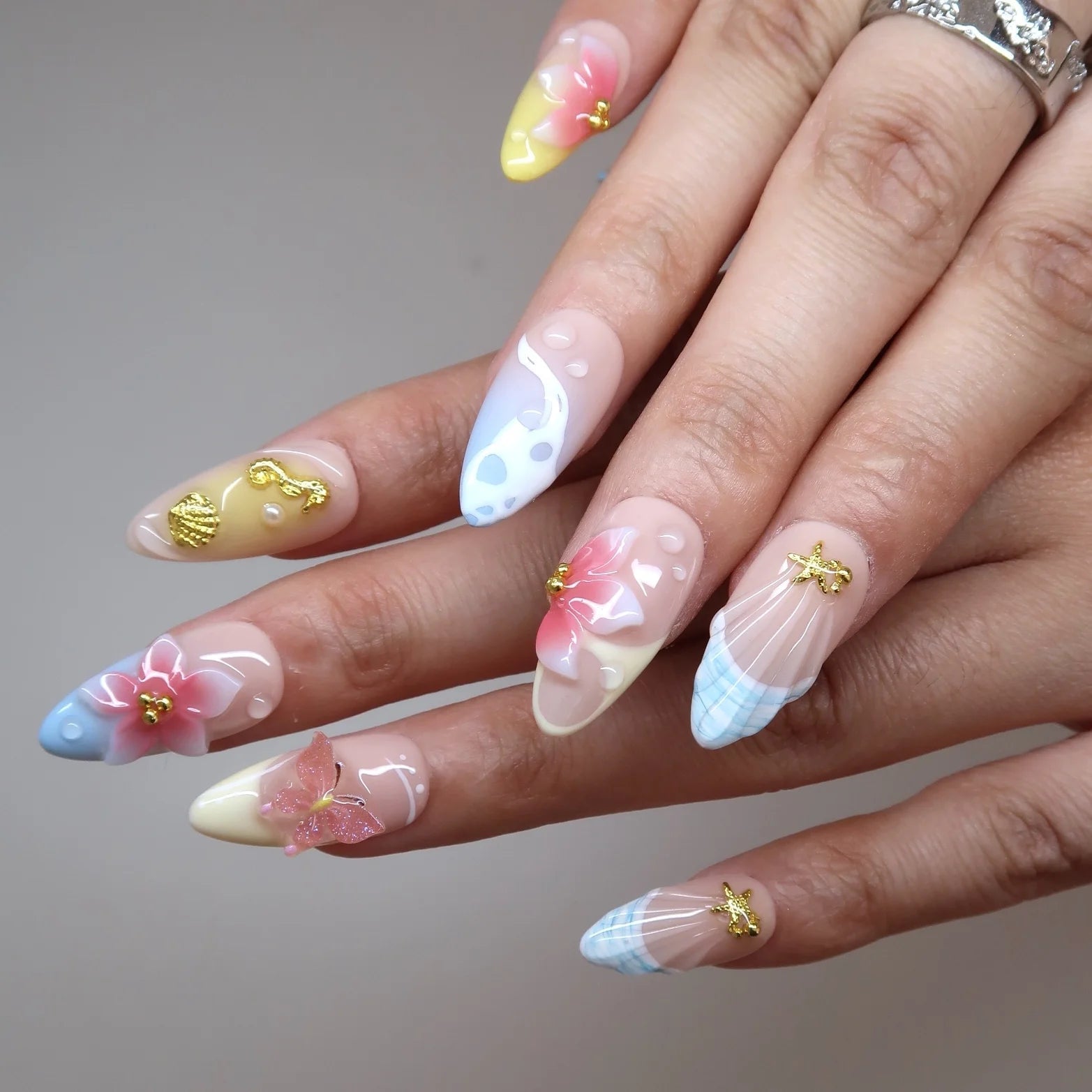 Medium Almond Nails With Summer Motifs — Cute Almond Nails