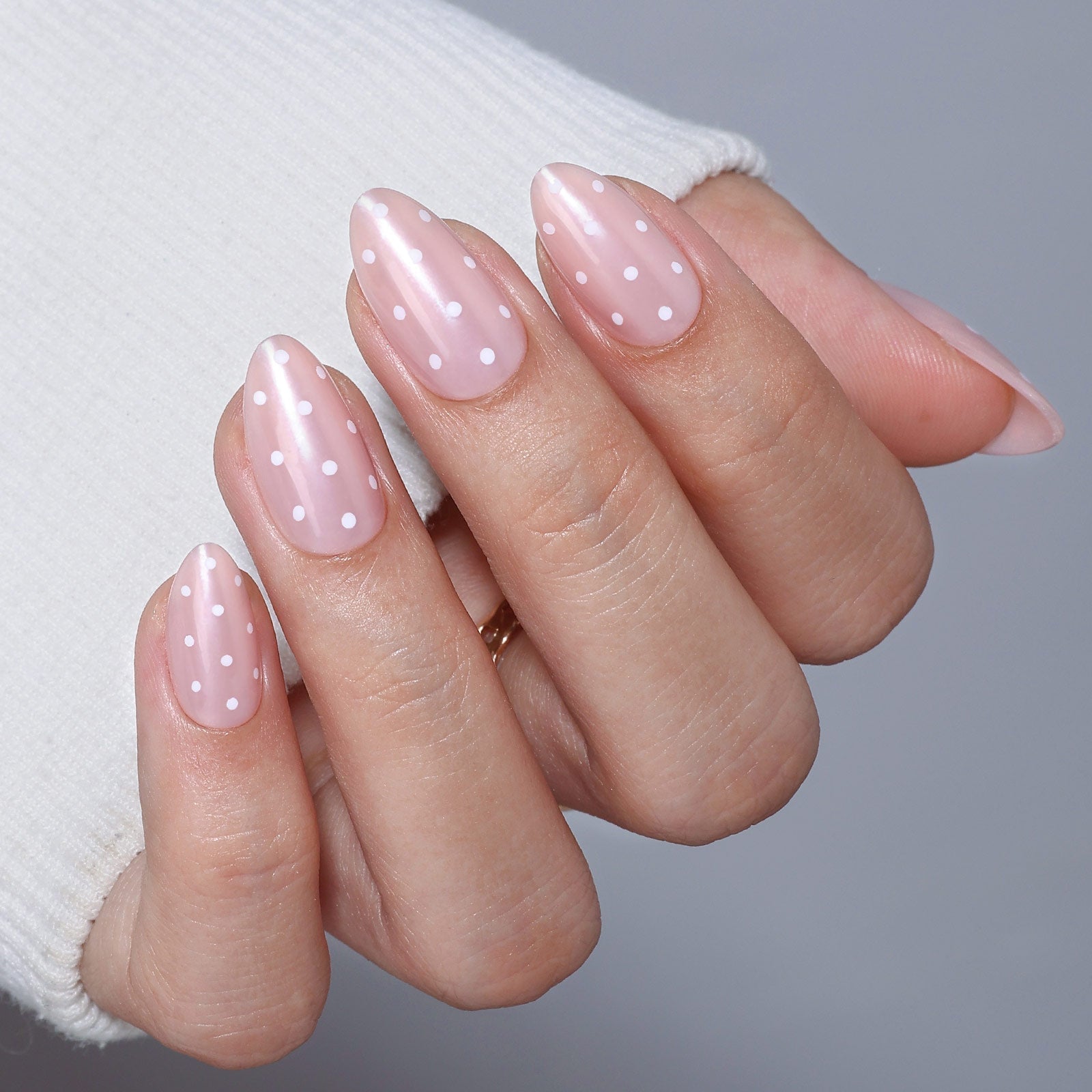 Short Almond Nails With Pearly Finish and Polka Dots — Cute Almond Nails