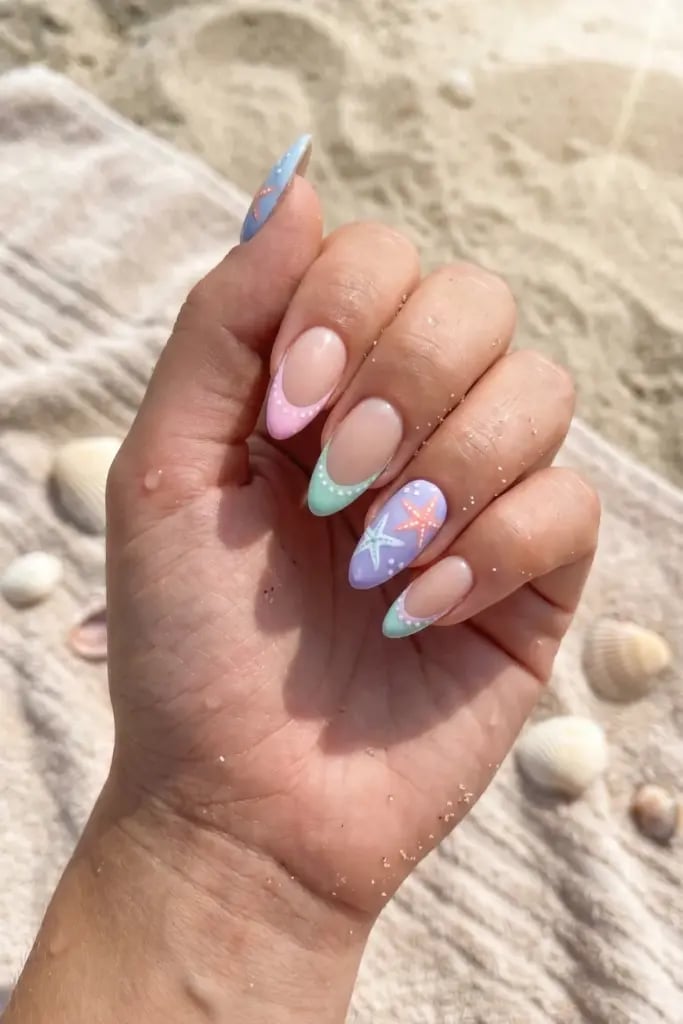 Medium Almond French With Colored Tips and Starfish — Cute Almond Nails