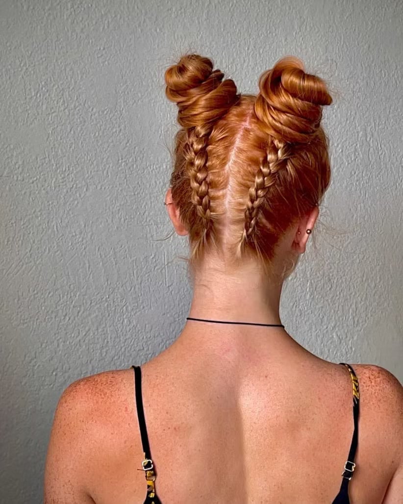 Red Double Braided Buns — Cute Braids Easy