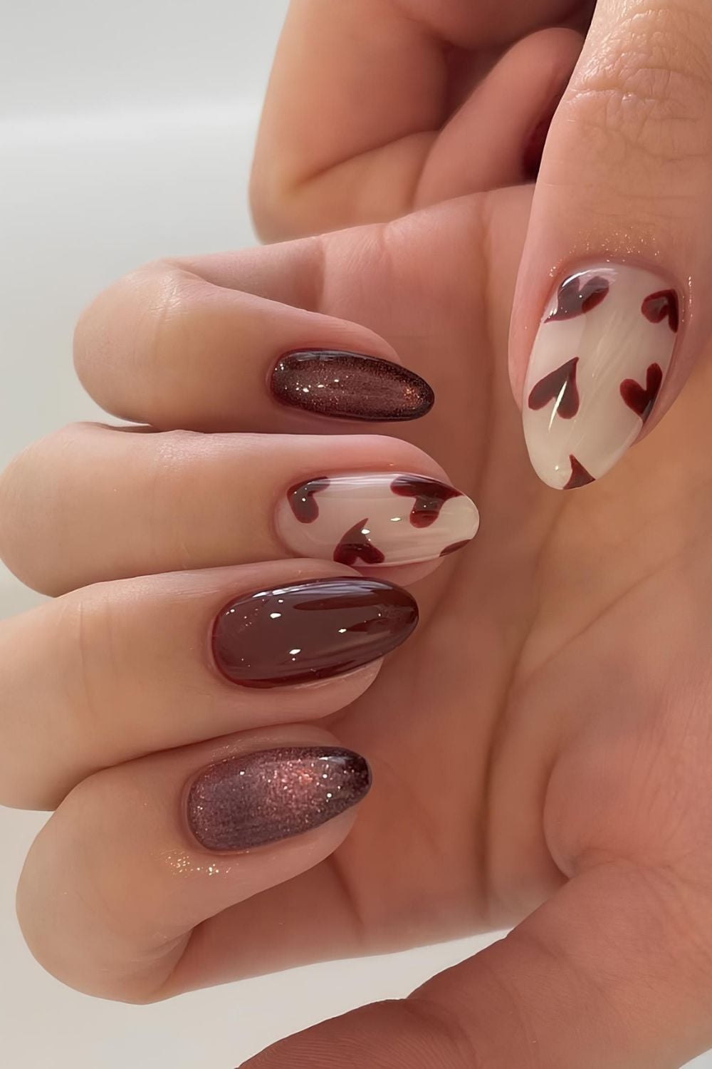 Oval Nails with Brown Hearts and Shimmer Oval Nails with Brown Hearts and Shimmer — Cute Brown Nails