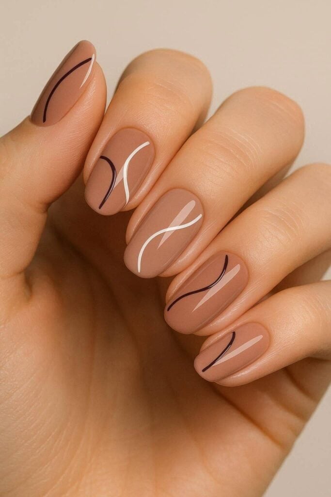 Matte Beige Brown Oval Nails with Lines Matte Beige Brown Oval Nails with Lines — Cute Brown Nails