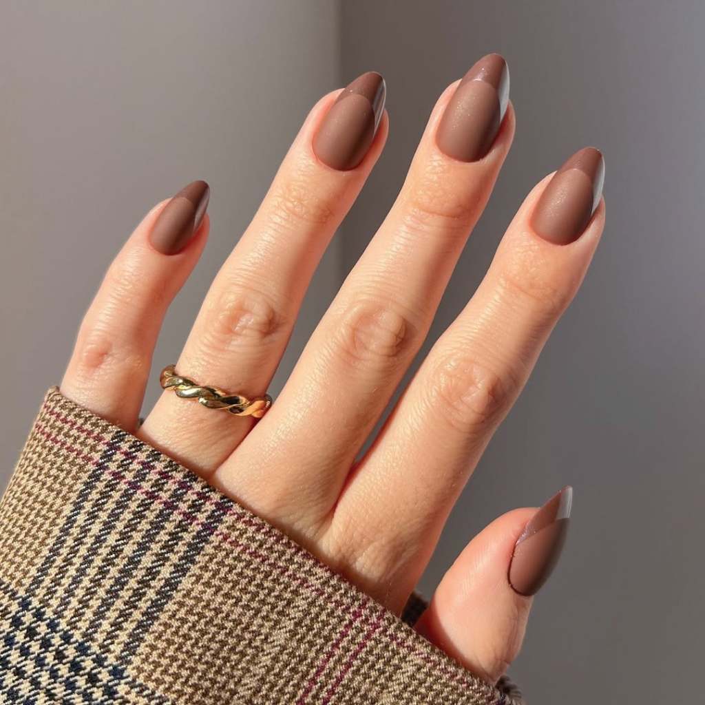 Medium Almond Matte Brown French Tip Medium Almond Matte Brown French Tip — Cute Brown Nails
