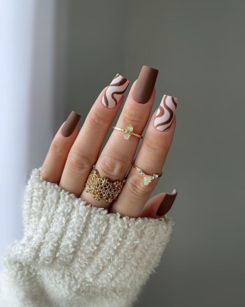 Square Nails with Matte Brown Waves Square Nails with Matte Brown Waves — Cute Brown Nails