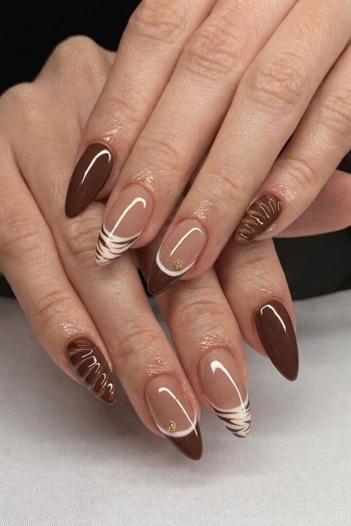 Almond Nails with Brown French and Ribbed Art Almond Nails with Brown French and Ribbed Art — Cute Brown Nails