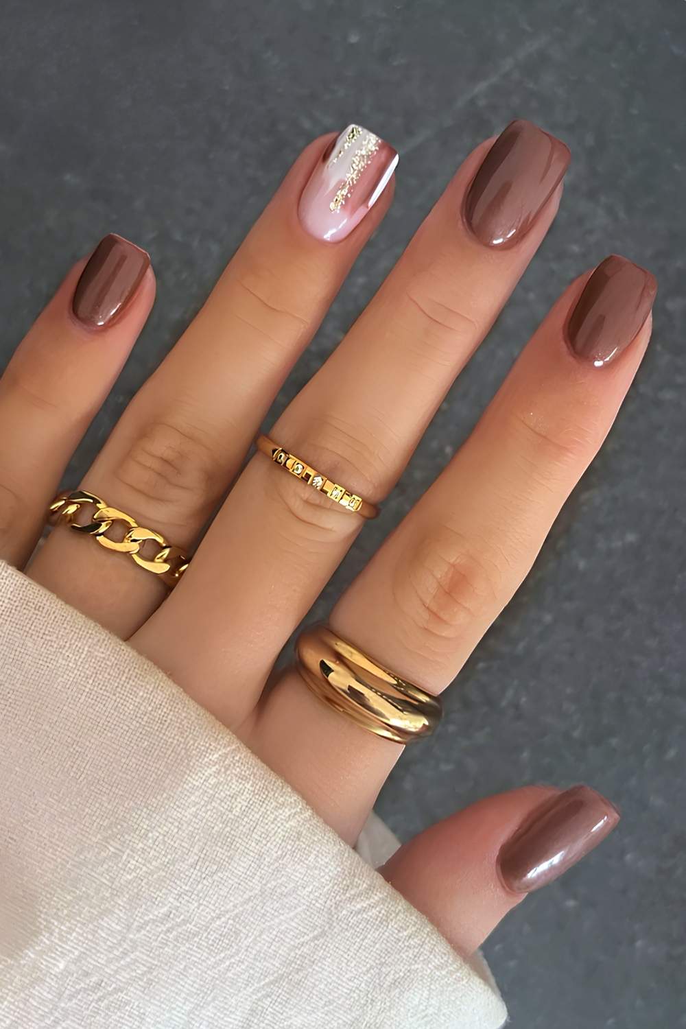 Square French Tip Nails with Gold Foil Square French Tip Nails with Gold Foil — Cute Brown Nails