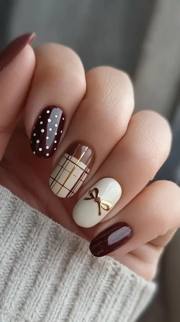 Short Oval Brown Plaid and Bow Nails Short Oval Brown Plaid and Bow Nails — Cute Brown Nails