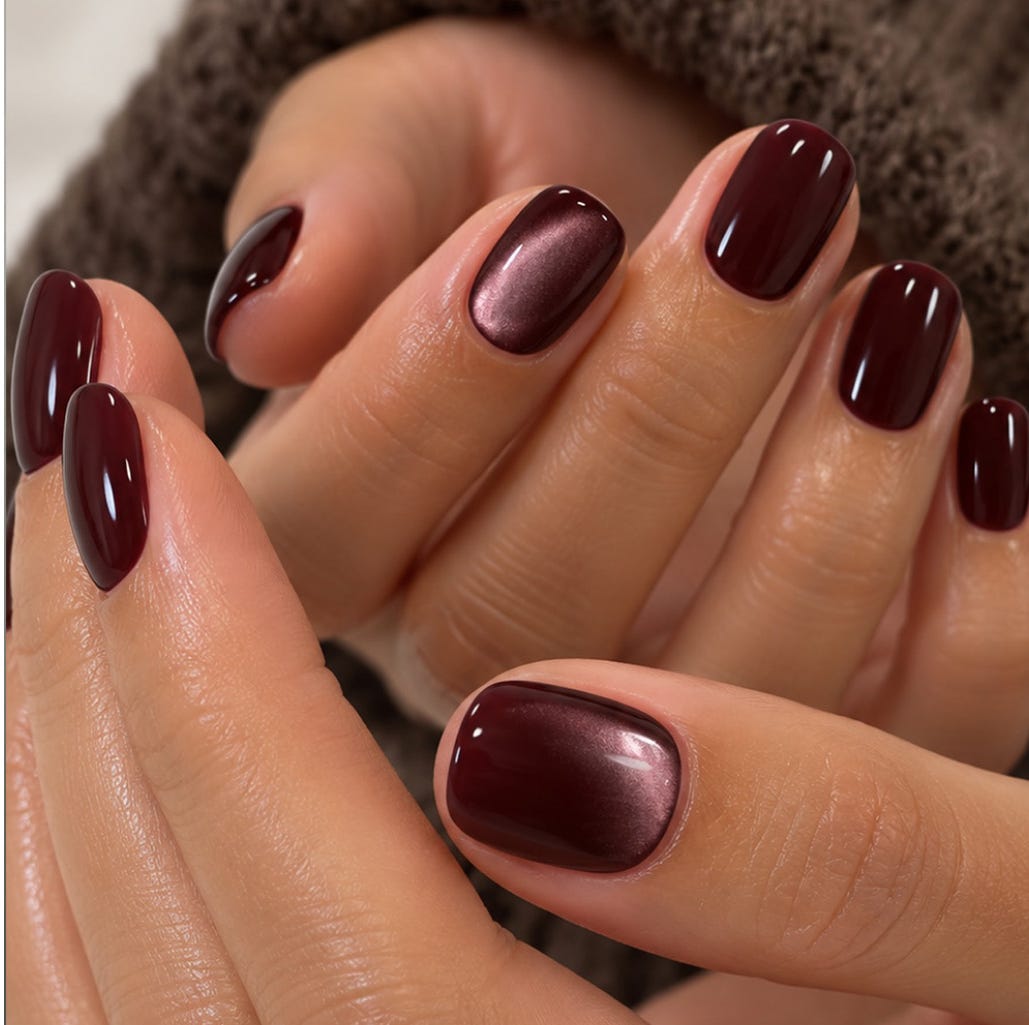 Deep Burgundy Cat-Eye Short Oval Nails — Cute Dip Nails