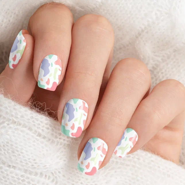 Pastel Rainbow Cow Print Short Almond Nails — Cute Dip Nails