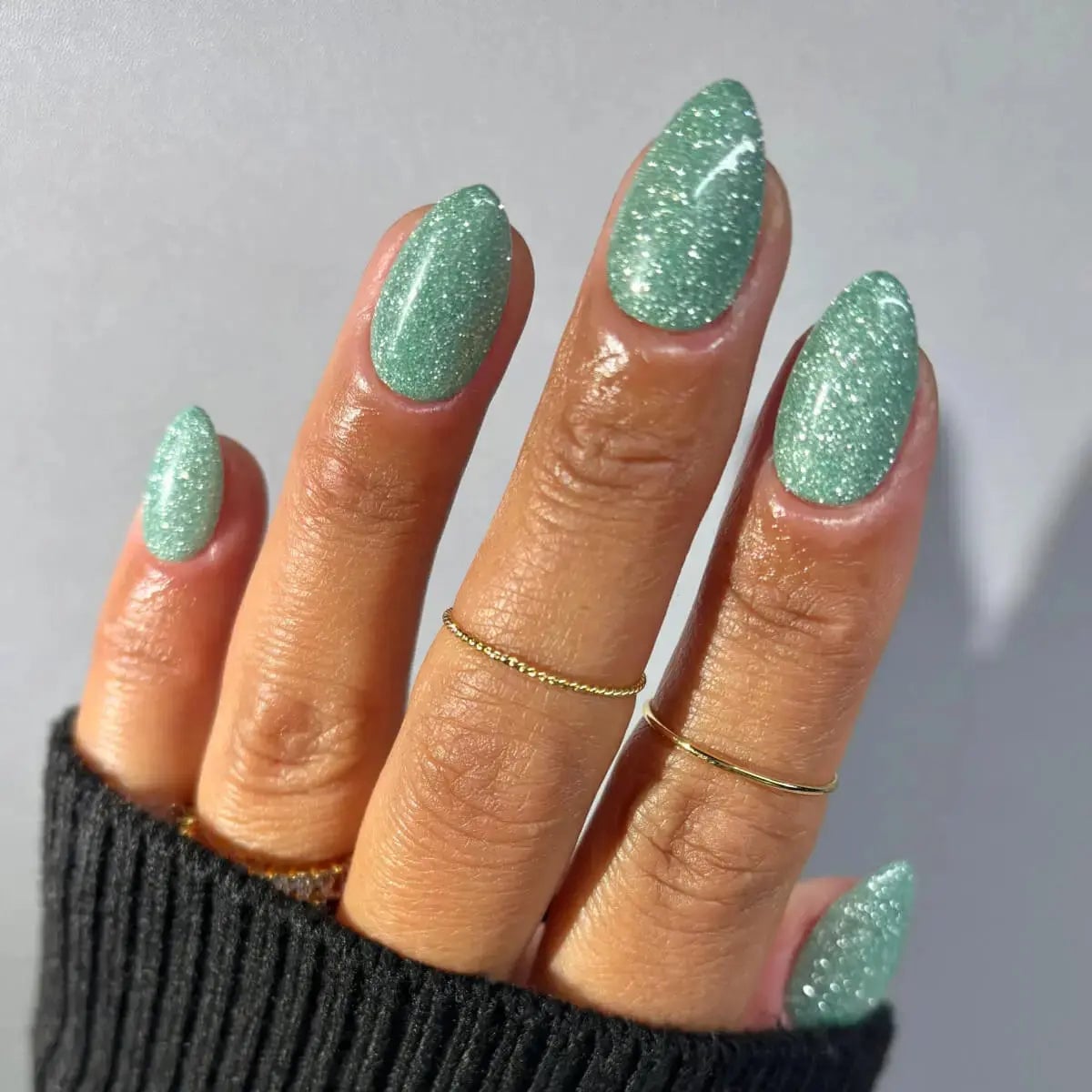 Mint Green Silver Glitter Short Almond Nails — Cute Dip Nails
