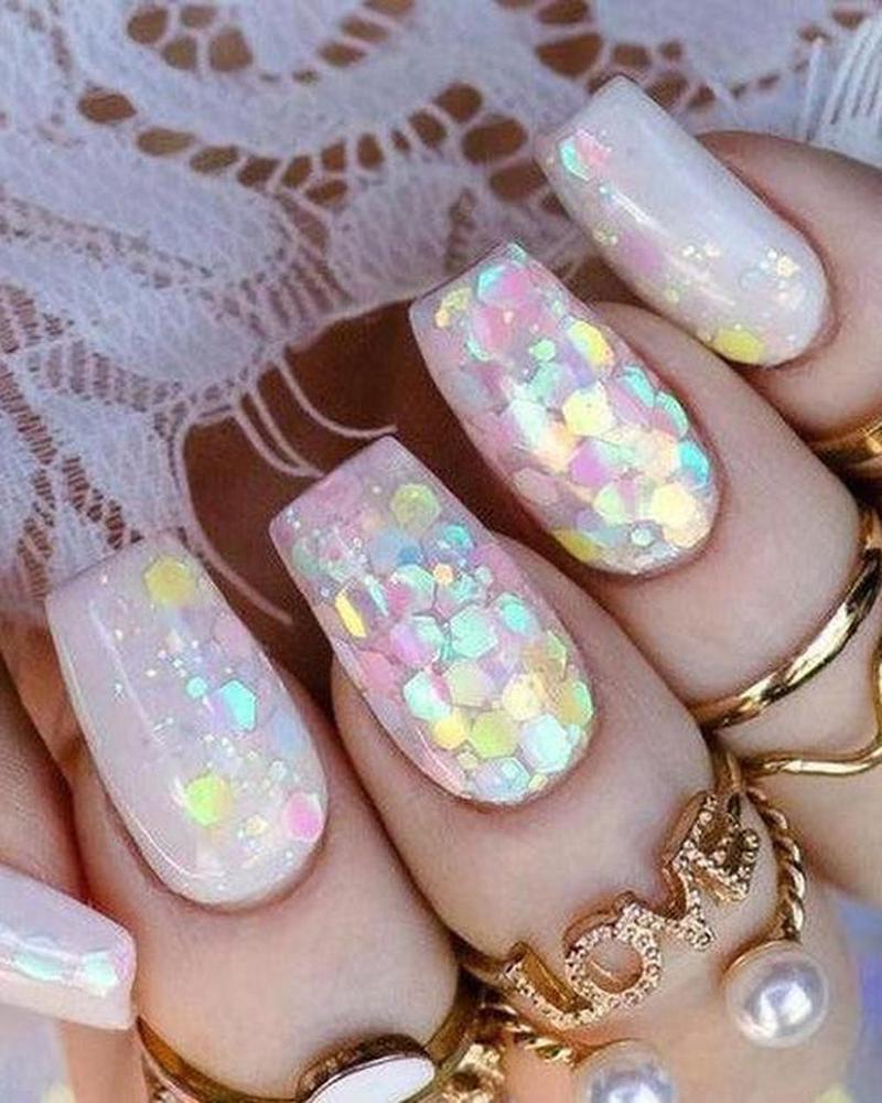 Iridescent Pastel Glitter Short Coffin Nails — Cute Dip Nails