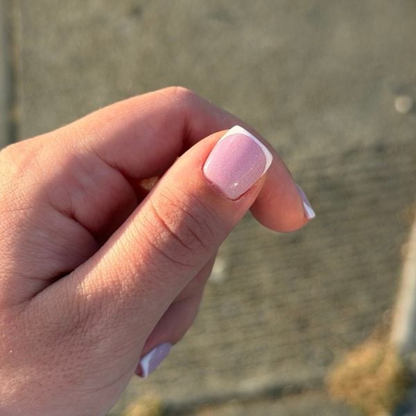 Shimmer French Tip Pale Pink Short Square Nails — Cute Dip Nails