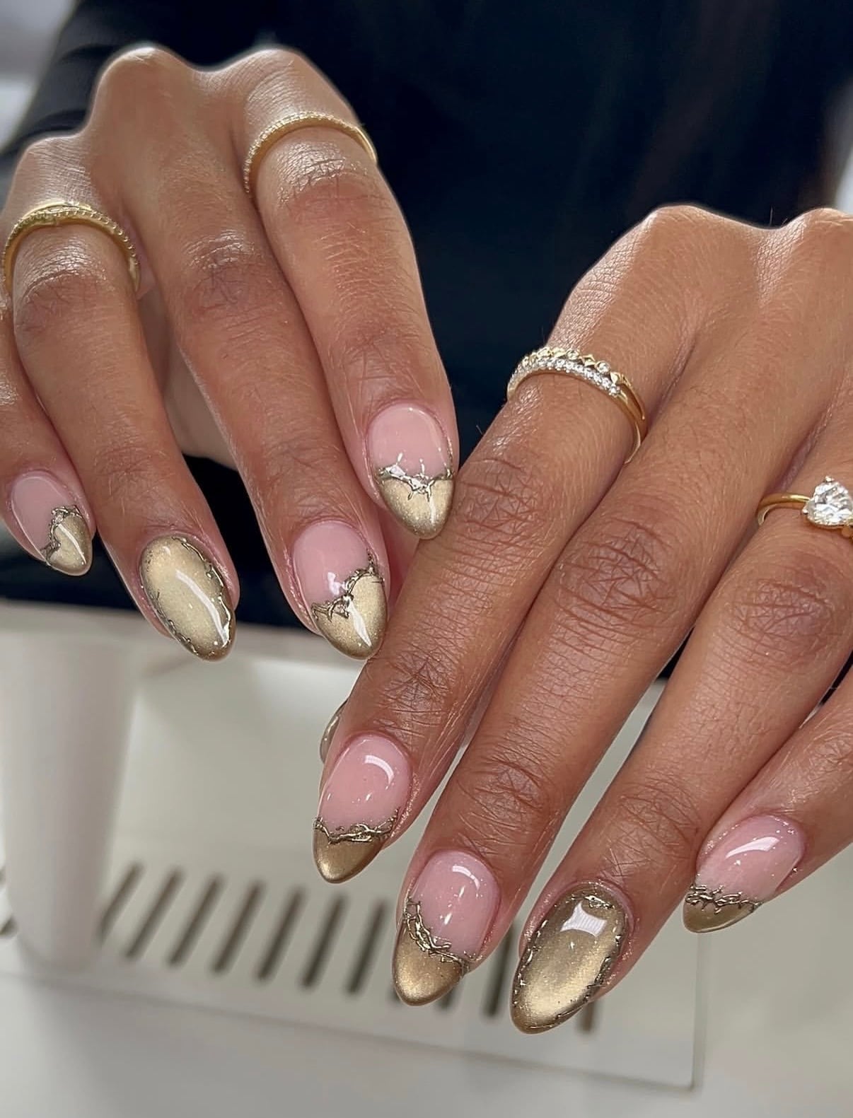 Gold Metallic Accent Sheer Pink Short Almond Nails — Cute Dip Nails