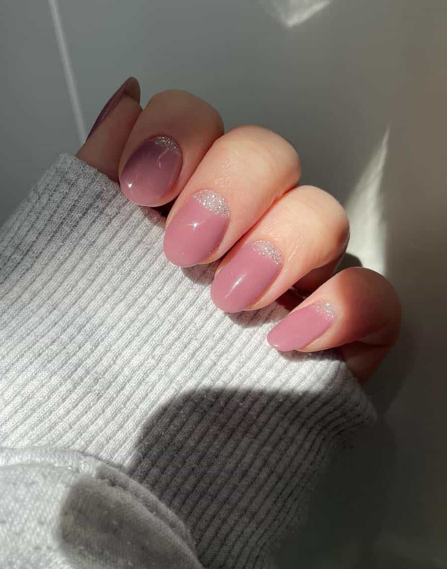Silver Glitter Crescent Dusty Rose Oval Nails — Cute Dip Nails
