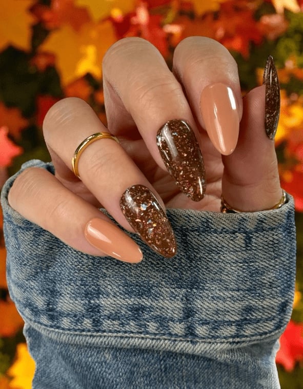 Brown Glitter Accent Tan Medium Almond Nails — Cute Dip Nails
