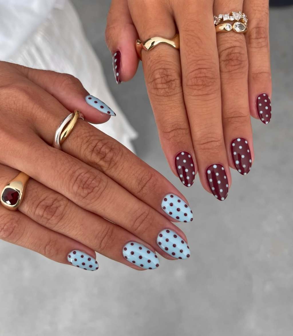 Polka Dot Contrast Medium Almond Nails — Cute Dip Nails