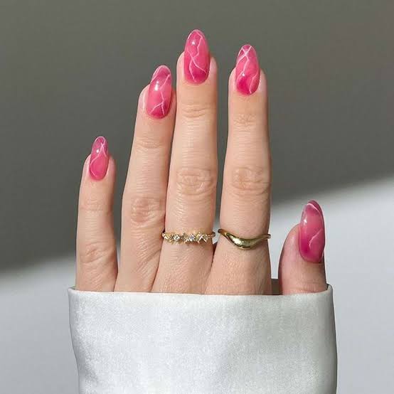 Long Almond Nails With Pink and White Swirls — Cute Nail Extensions