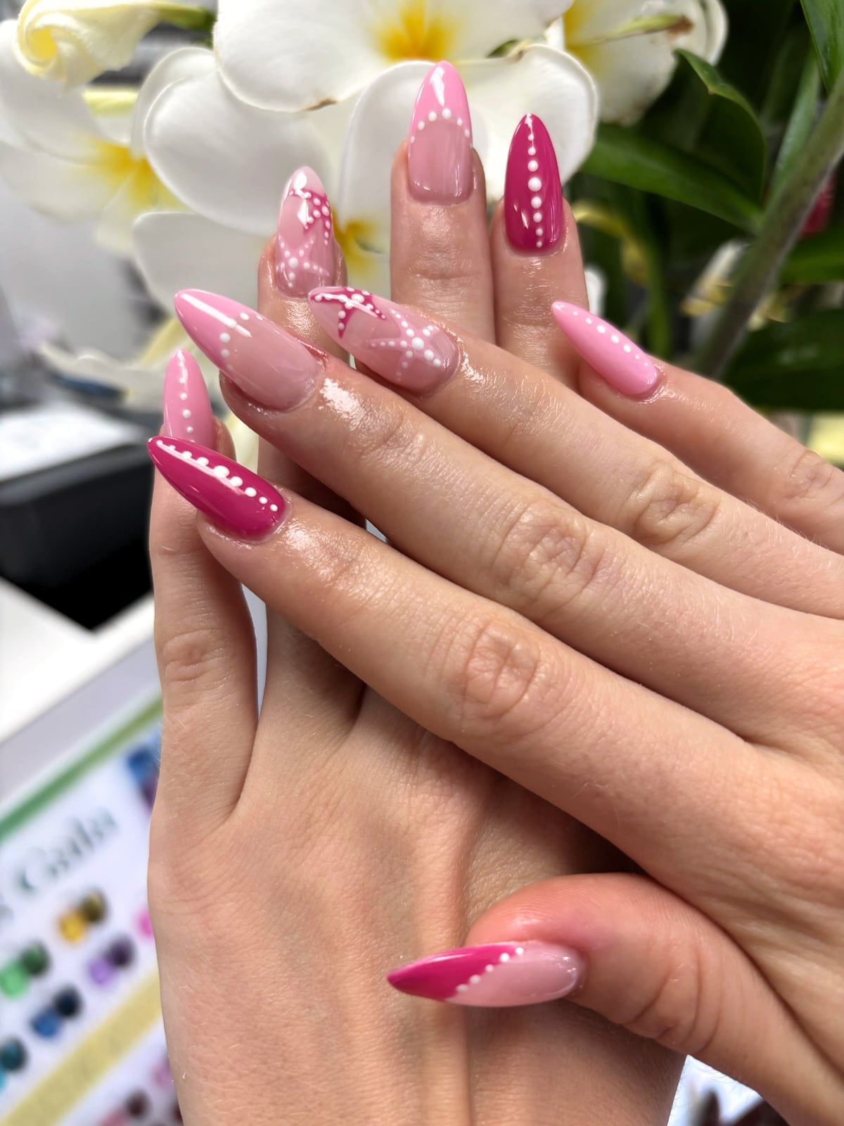 Medium Almond Nails With Pink and White Art — Cute Nail Extensions