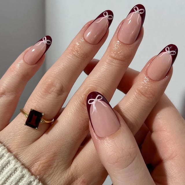 Almond Nails With Burgundy French Tips and Bows — Cute Nail Extensions